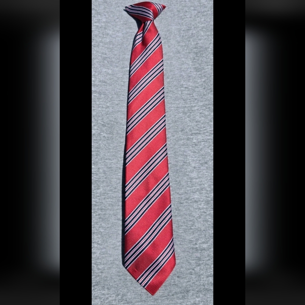 Boy's George Red Clip On Tie w/ Dark Blue and White Striped Pattern
